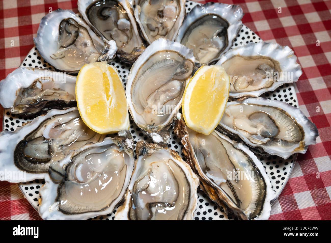 Huîtres fraîches sur le marché hebdomadaire français, nourriture de rue, portion d'huîtres ouvertes avec citron, fruits de mer, France, gros plan Banque D'Images