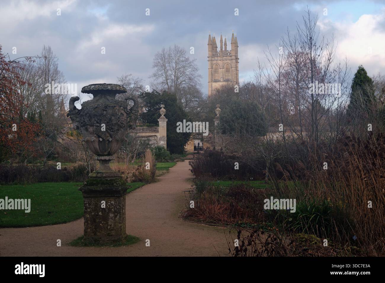 Vue sur le Walled Garden dans Oxford Botanical Gardens, le plus ancien jardin botanique de Grande-Bretagne avec la tour Magdalen en arrière-plan, Oxford Banque D'Images