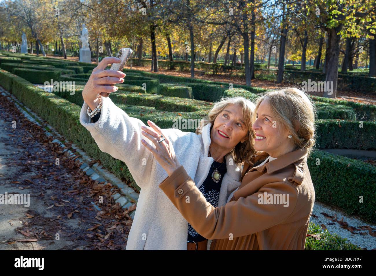 Deux femmes partagent un moment joyeux en prenant des selfies dans un jardin pittoresque rempli de feuilles d'automne vibrantes. Le soleil brille brillamment, mettant en valeur leur ha Banque D'Images