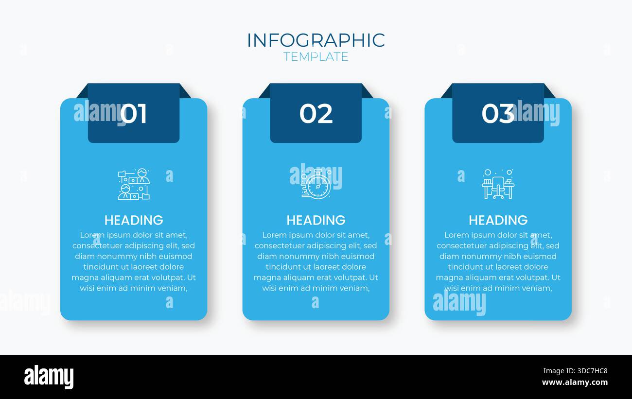 conception infographique en 3 étapes avec des cartes verticales bleues, des icônes propres et des en-têtes. Idéal pour les calendriers, les workflows et les présentations de processus métier. Illustration de Vecteur