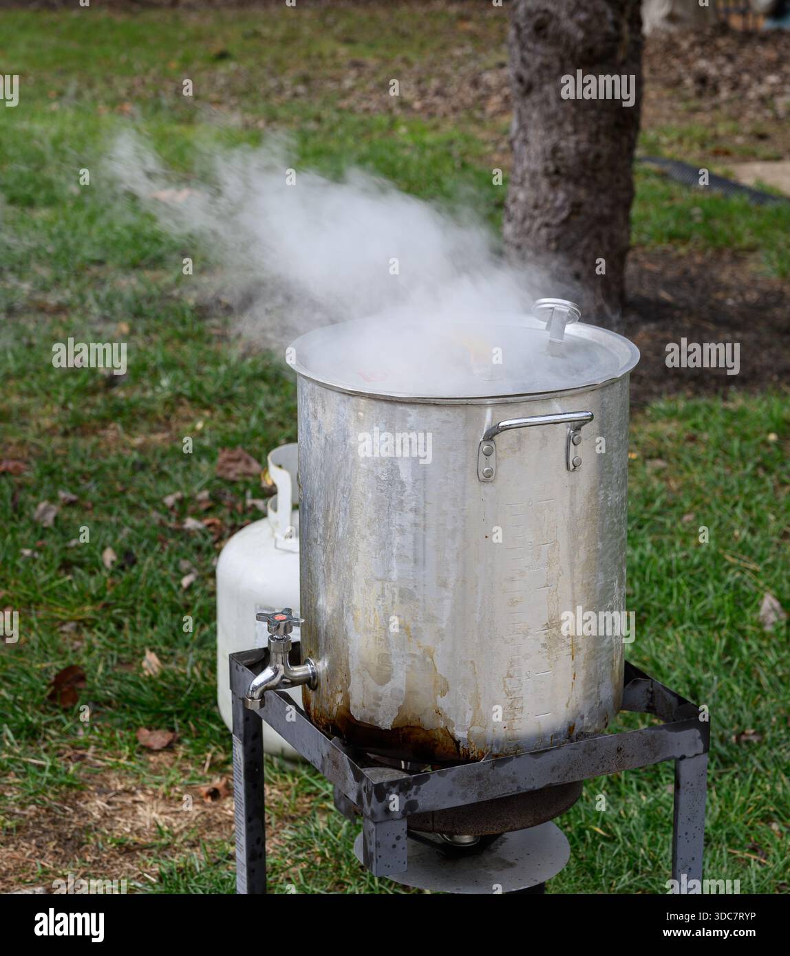 Friteuse au propane pour dinde montrant de la fumée de dinde cuite. Banque D'Images
