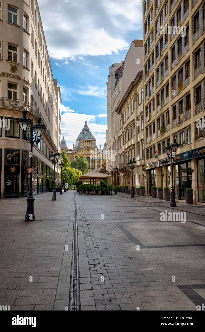 Bâtiments institutionnels historiques du centre de Budapest, aux façades en briques et en pierre ornées reflétant l'architecture de la fin du XIXe et du début du XXe siècle Banque D'Images