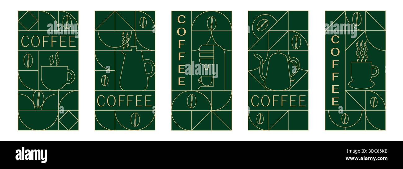 Collection de bannières géométriques sur le thème du café. Illustration dessinée à la main de café. Fond de ligne géométrique abstrait. Icônes de café, conception de ligne avec des formes simples pour les cafés, l'emballage de produit, les murs de café et le menu. Illustration de Vecteur