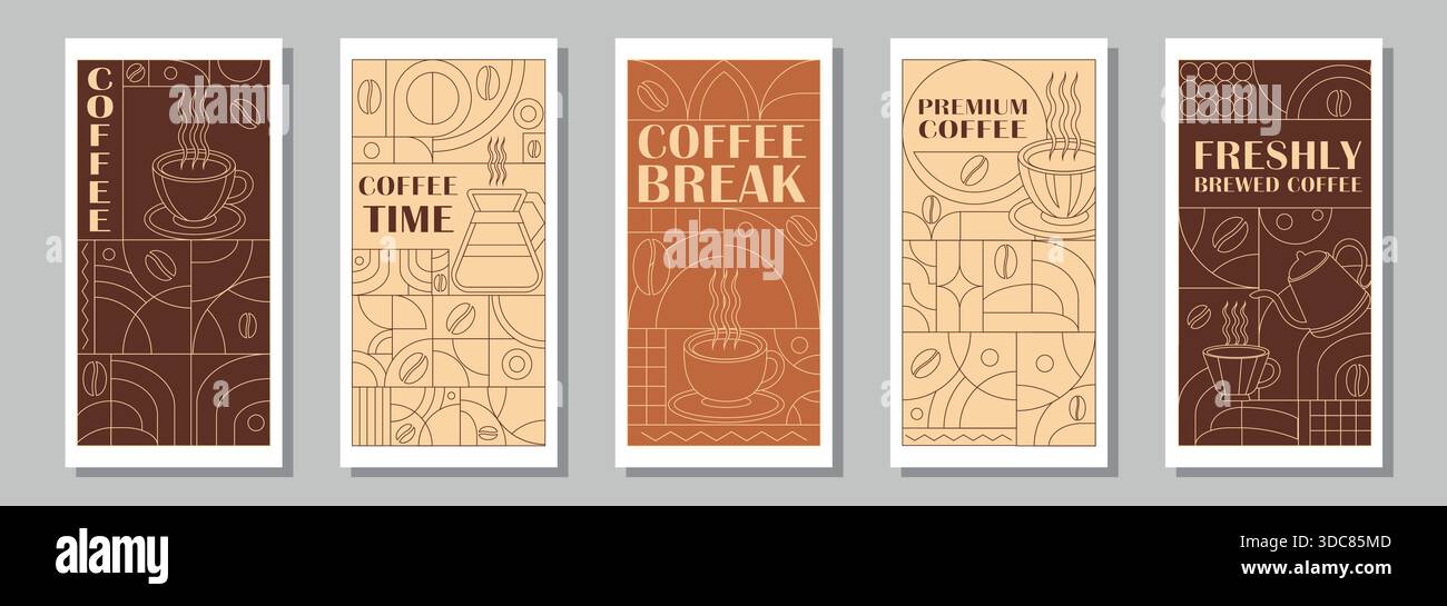 Collection de bannières géométriques sur le thème du café. Illustration dessinée à la main de café. Fond de ligne géométrique abstrait. Icônes de café, conception de ligne avec des formes simples pour les cafés, l'emballage de produit, les murs de café et le menu. Illustration de Vecteur