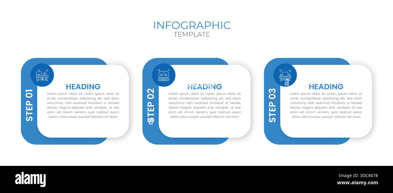 Modèle d'infographie moderne avec trois étapes bleues, icônes et zones de texte. Parfait pour le workflow, les processus métier, la présentation et la visualisation de données Illustration de Vecteur