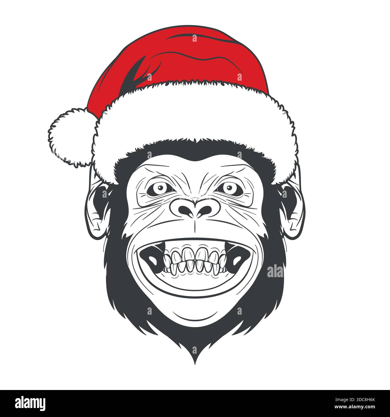 Visage de singe avec chapeau de Père Noël. Portrait drôle de singe avec chapeau rouge Santa. Logo de mascotte de tête de singe souriant pour les conceptions de vacances de Noël, autocollant, affiche Illustration de Vecteur