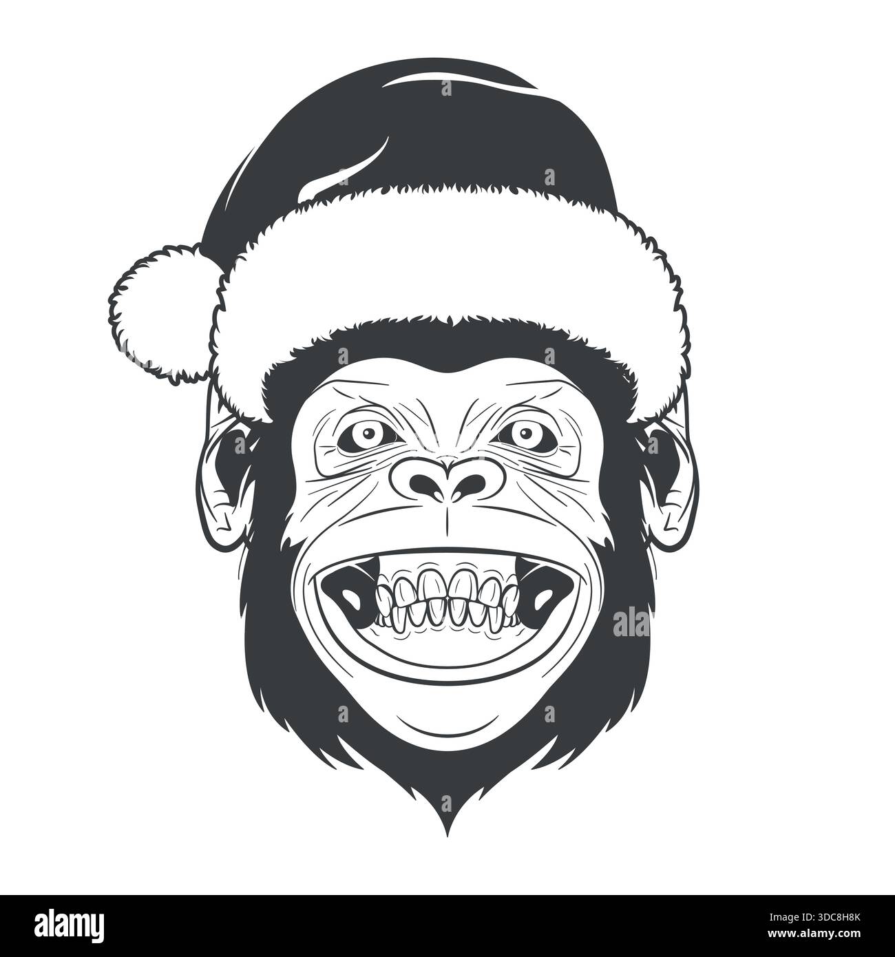 Visage de singe avec chapeau de Père Noël. Portrait drôle de singe en noir et blanc Line Art. Grinning Monkey Head Mascot logo pour les conceptions de vacances de Noël, autocollant Illustration de Vecteur