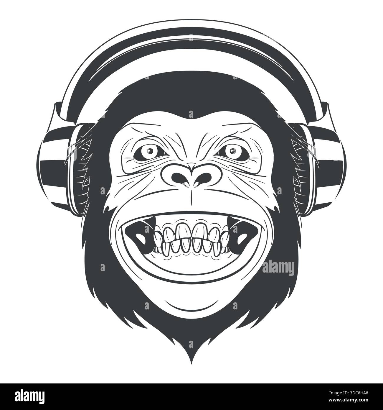Visage de singe avec casque. Portrait de singe musical en noir et blanc Line Art. Grinning Monkey Head Mascot logo pour DJ, Club, Podcast, streaming Illustration de Vecteur