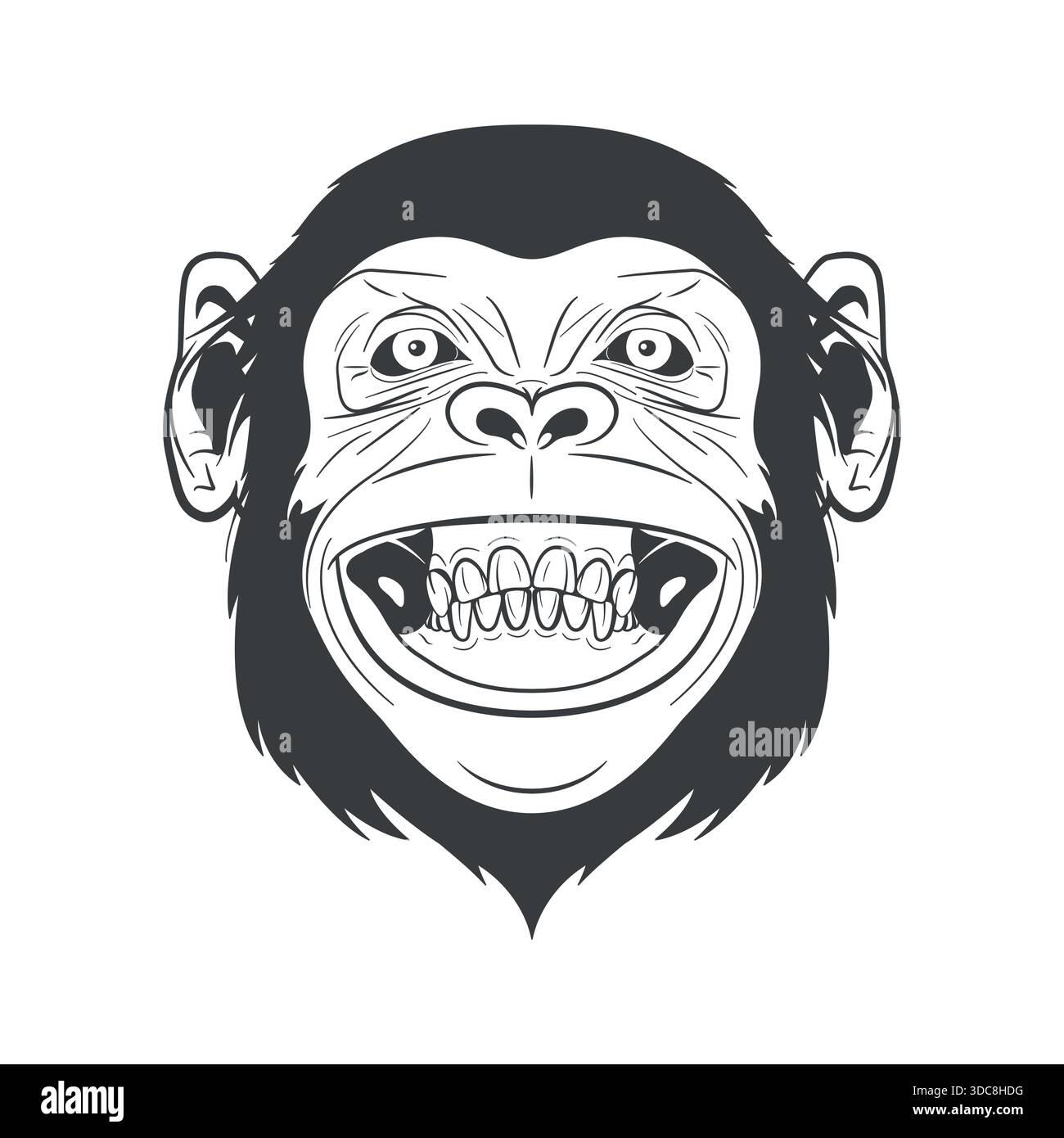 Illustration de visage de singe. Portrait de tête de singe grimpant en noir et blanc Line Art. Drôle Monkey Mascot logo pour tatouage, autocollant, streetwear, affiche Illustration de Vecteur