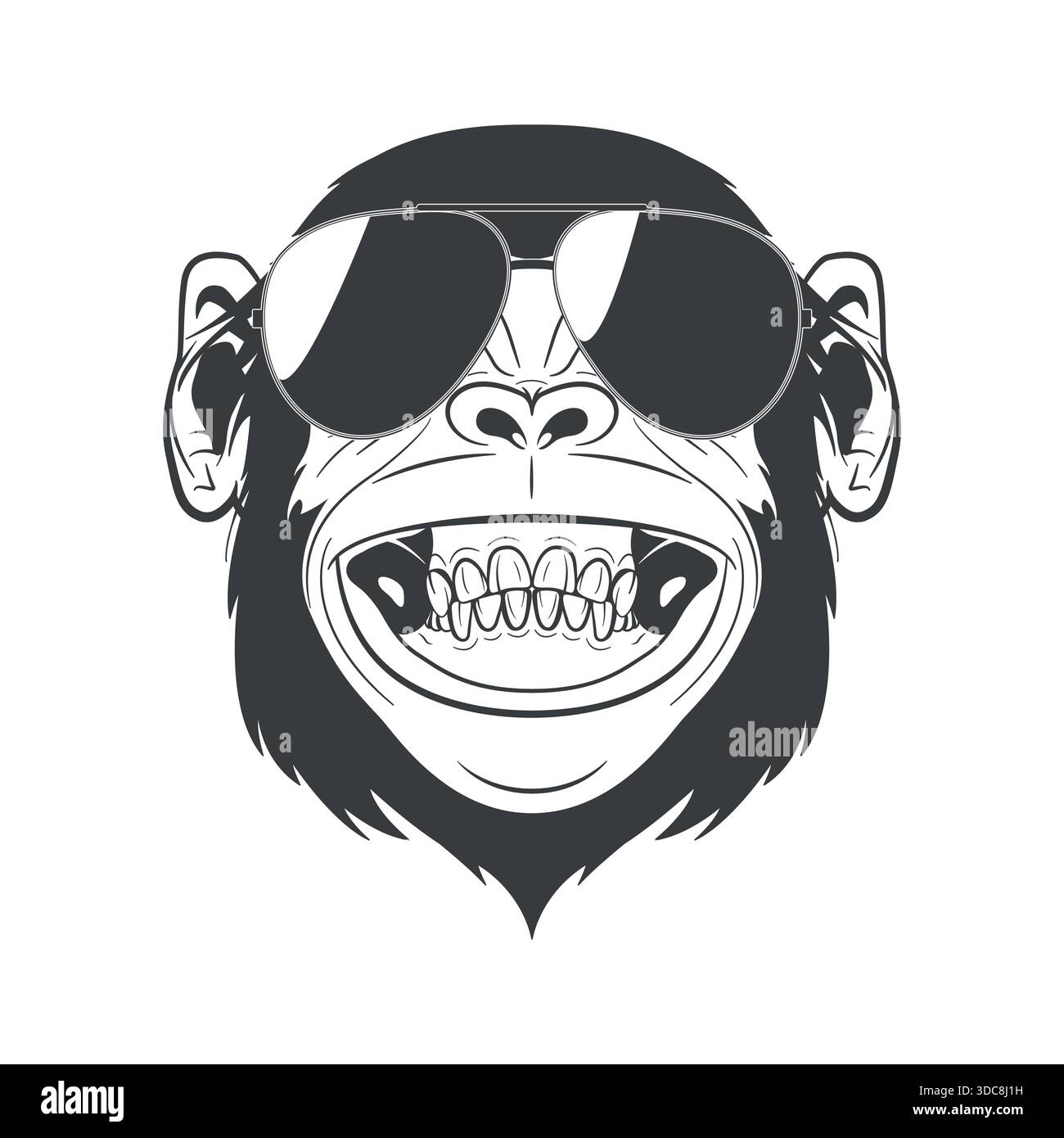 Visage de singe avec lunettes de soleil. Portrait de singe cool en noir et blanc Line Art. Logo de mascotte de tête de singe grisant pour streetwear, autocollant, affiche Illustration de Vecteur