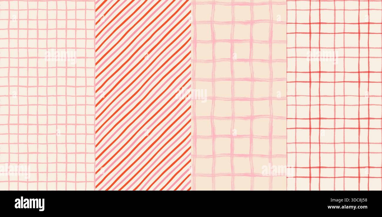 Ensemble de motifs vectoriels sans couture à carreaux roses et rouges et à rayures, fonds Vichy couleurs pastel crème mignonnes pour Noël et la Saint-Valentin Illustration de Vecteur
