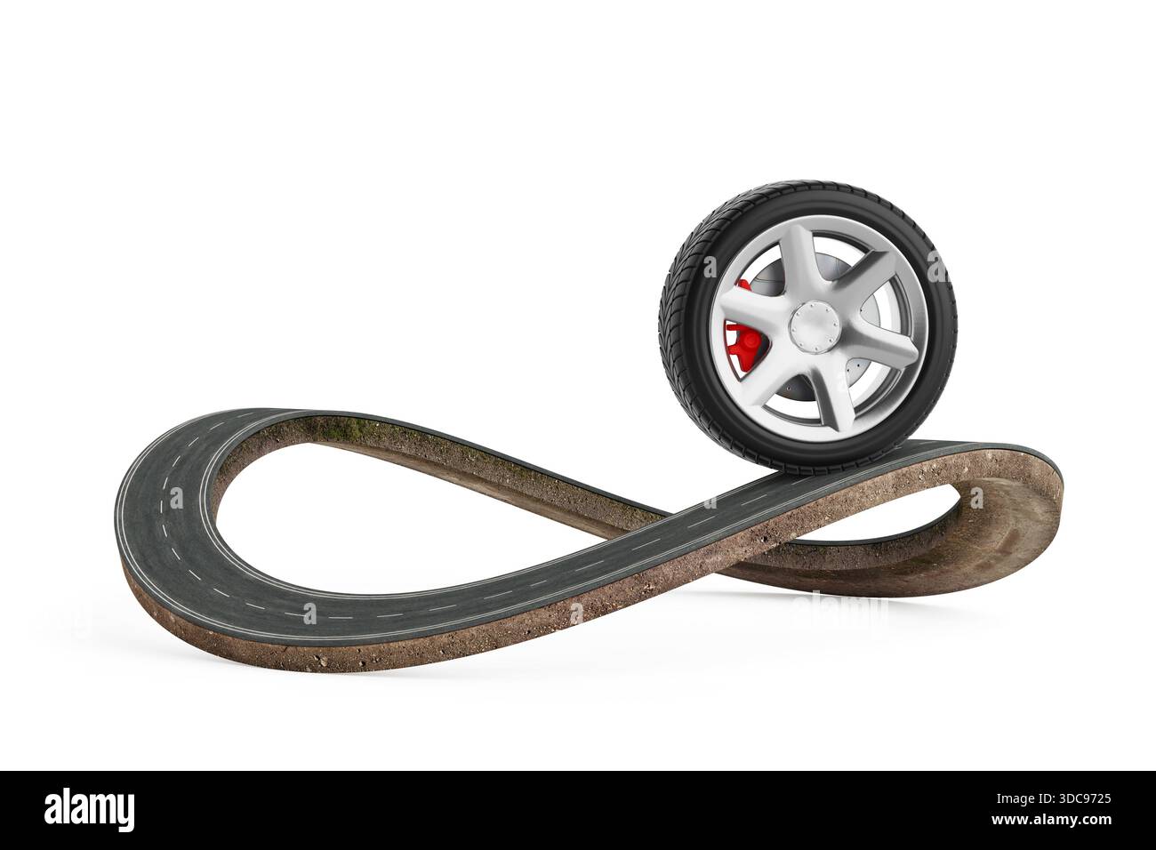 Concept mobilité et innovation. Équilibrage de roue de voiture sur Twisted Asphalt Road en forme de symbole d'infini sur fond blanc. Rendu 3D. Banque D'Images