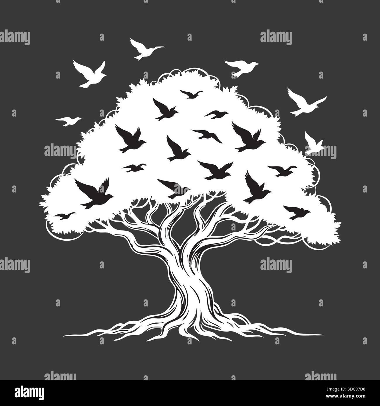 Vieille silhouette d'arbre avec de nombreux oiseaux prenant le vol de ses branches. Illustration de Vecteur