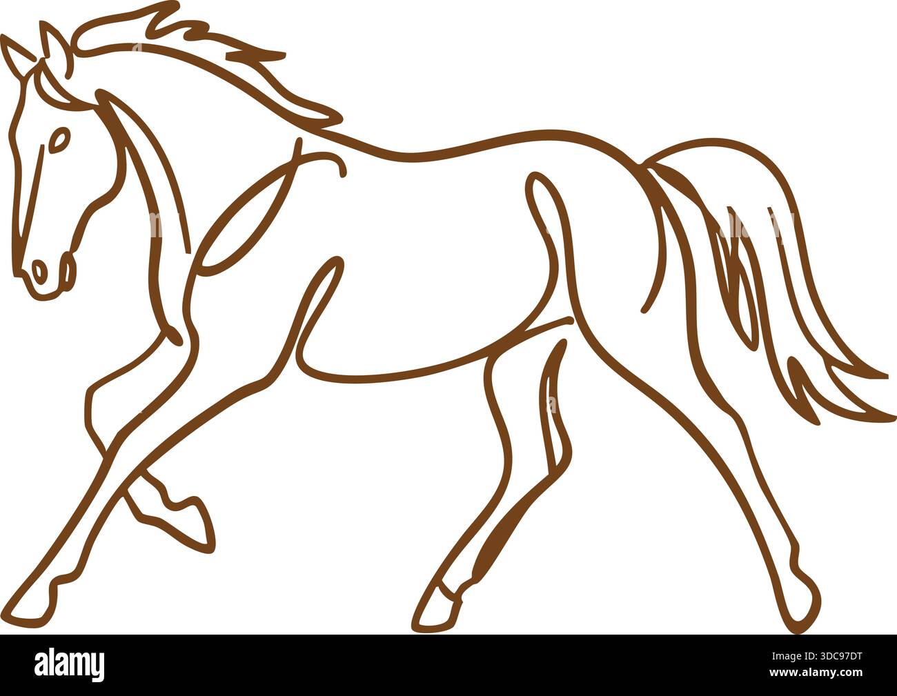 Gracieux dessin au trait d'un cheval à mi-foulée avec crinière et queue coulantes. Illustration de Vecteur