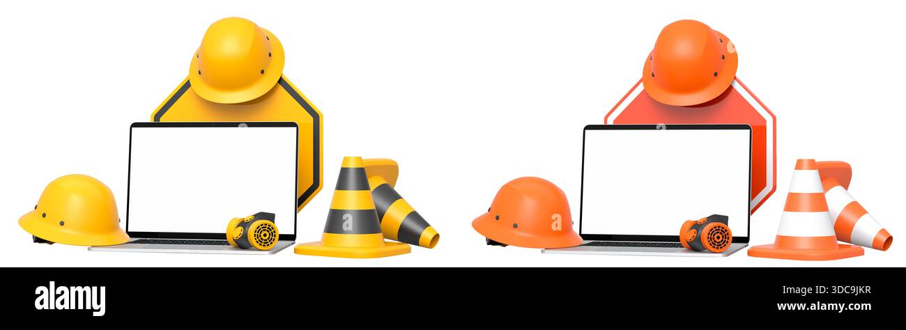 Ordinateurs portables avec des écrans vierges entourés de casques de construction, cônes et panneaux d'avertissement isolés sur fond blanc avec chemin de détourage, symbolisant WO Banque D'Images