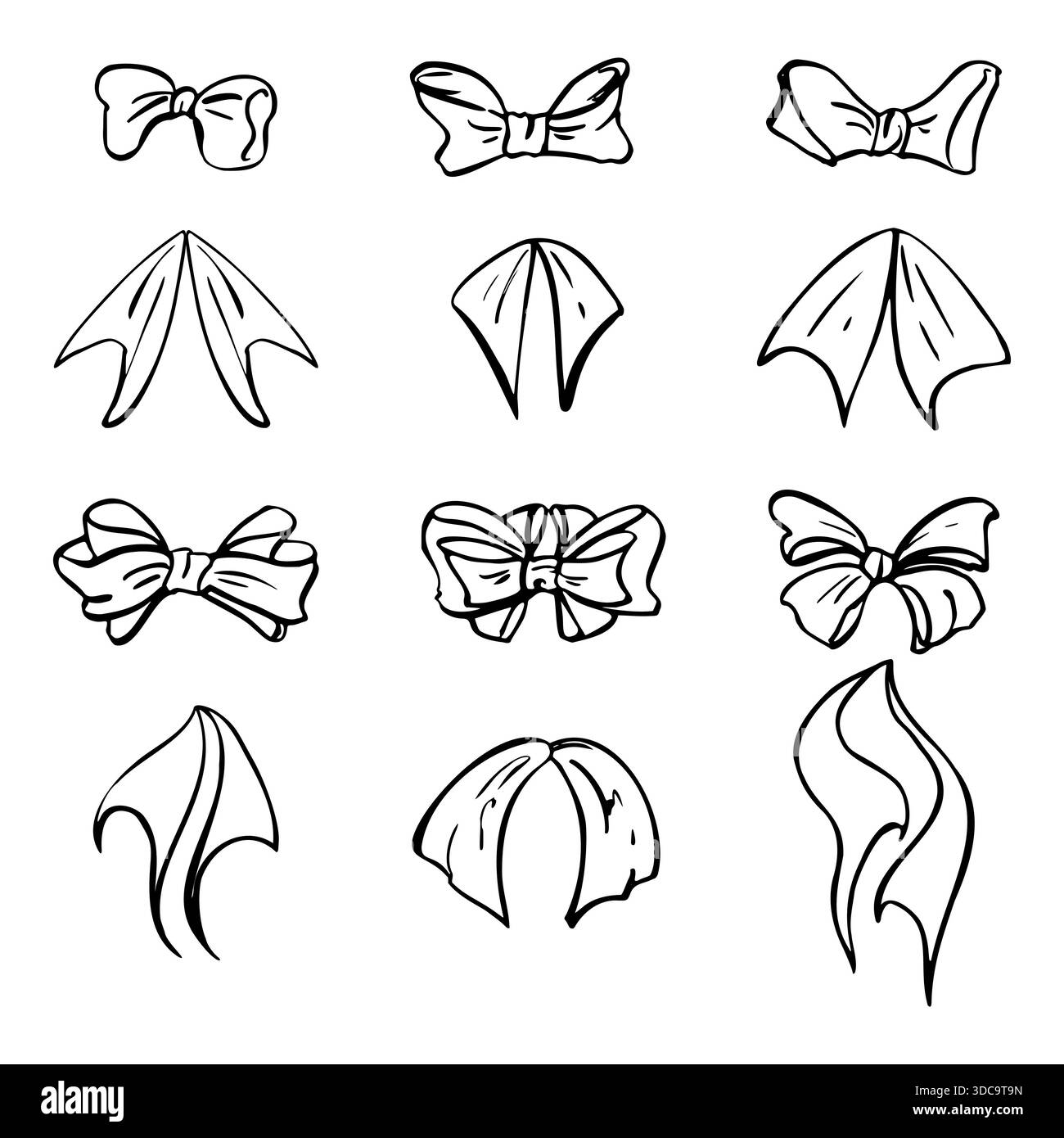 Noeuds en ruban larges assortis et extrémités de queue dans des teintes délicates, noués dans des boucles élégantes. Ensemble décoratif vectoriel isolé sur fond blanc. Idéal pour Illustration de Vecteur