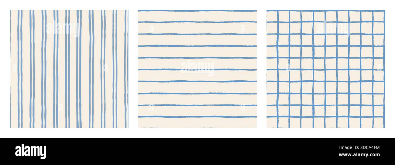 Bandes verticales et horizontales et grille ensemble de motifs vectoriels sans couture, fond de lignes irrégulières bleues pour les dessins textiles et papier Illustration de Vecteur