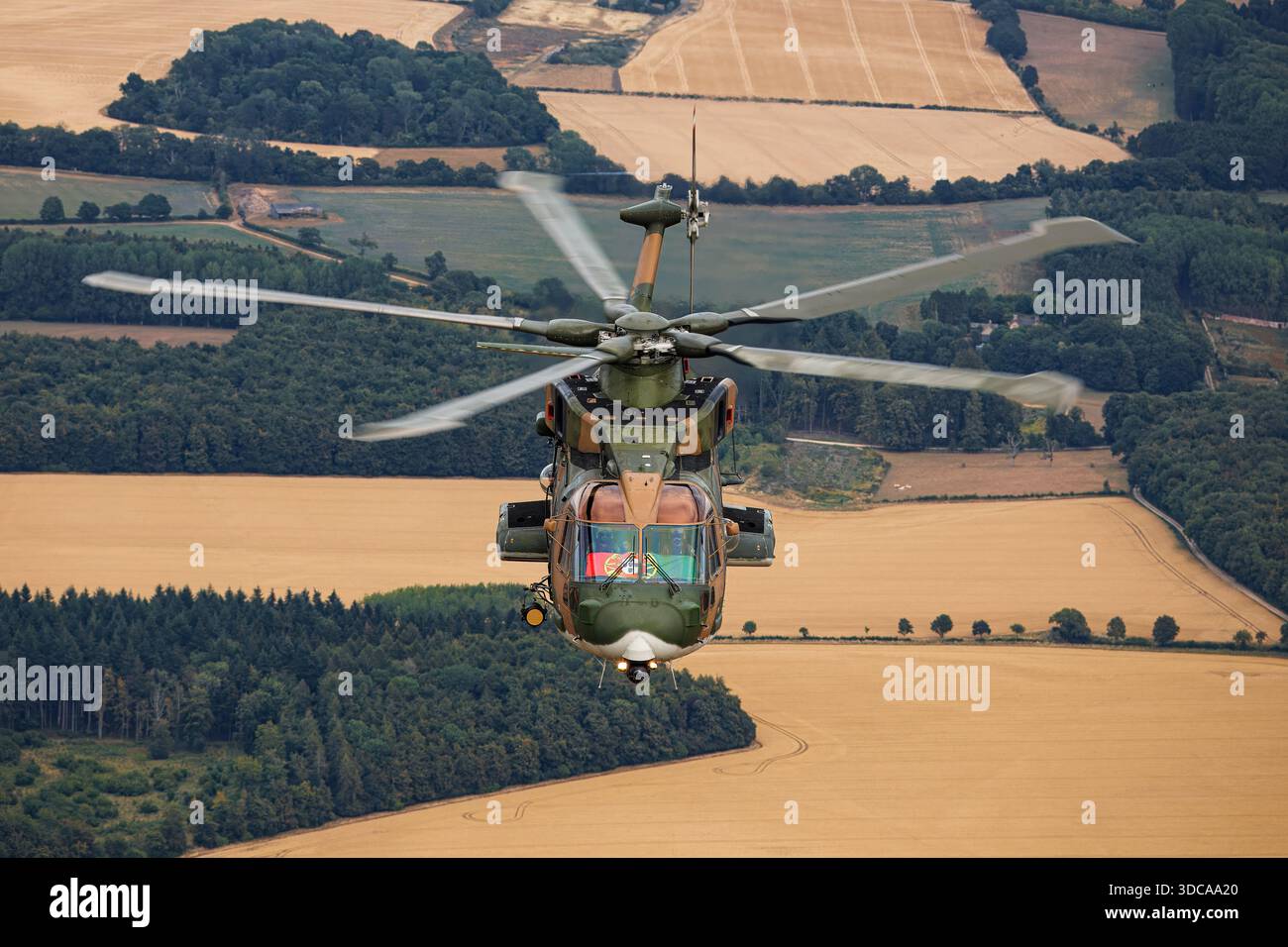L'AugustaWestland EH1-1-514, immatriculée en 19606, est montrée en gros plan au Royal International Air Tattoo de Fairford, en Angleterre. L’image met en évidence la zone du poste de pilotage et la vue du pilote, montrant le fuselage, le système de rotor, le rotor de queue, les marquages et la conception générale de l’hélicoptère. L'avion fait partie de la flotte d'hélicoptères du Portugal et effectue une gamme de missions, y compris le transport, la reconnaissance et le soutien, dans des conditions de vol en formation. Banque D'Images
