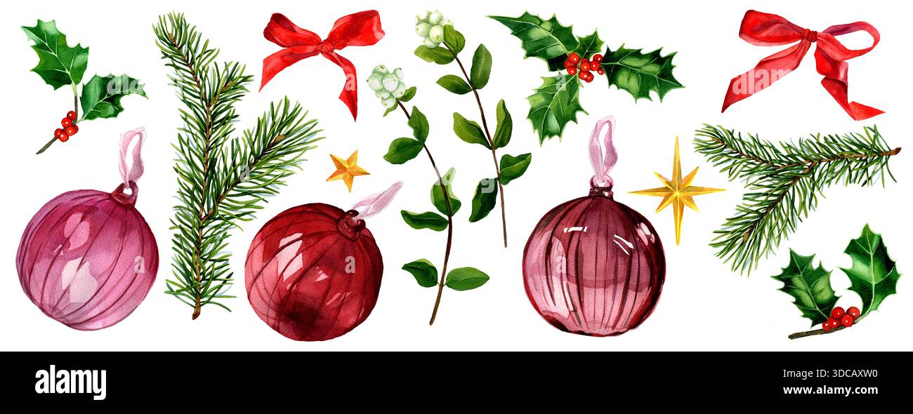 Ensemble jouet pour arbre de Noël aquarelle. Brindille d'épicéa, feuilles de houx, baie rouge, boules de verre isolées. Illustration d'éléments de conception pour bouquet de Noël Banque D'Images