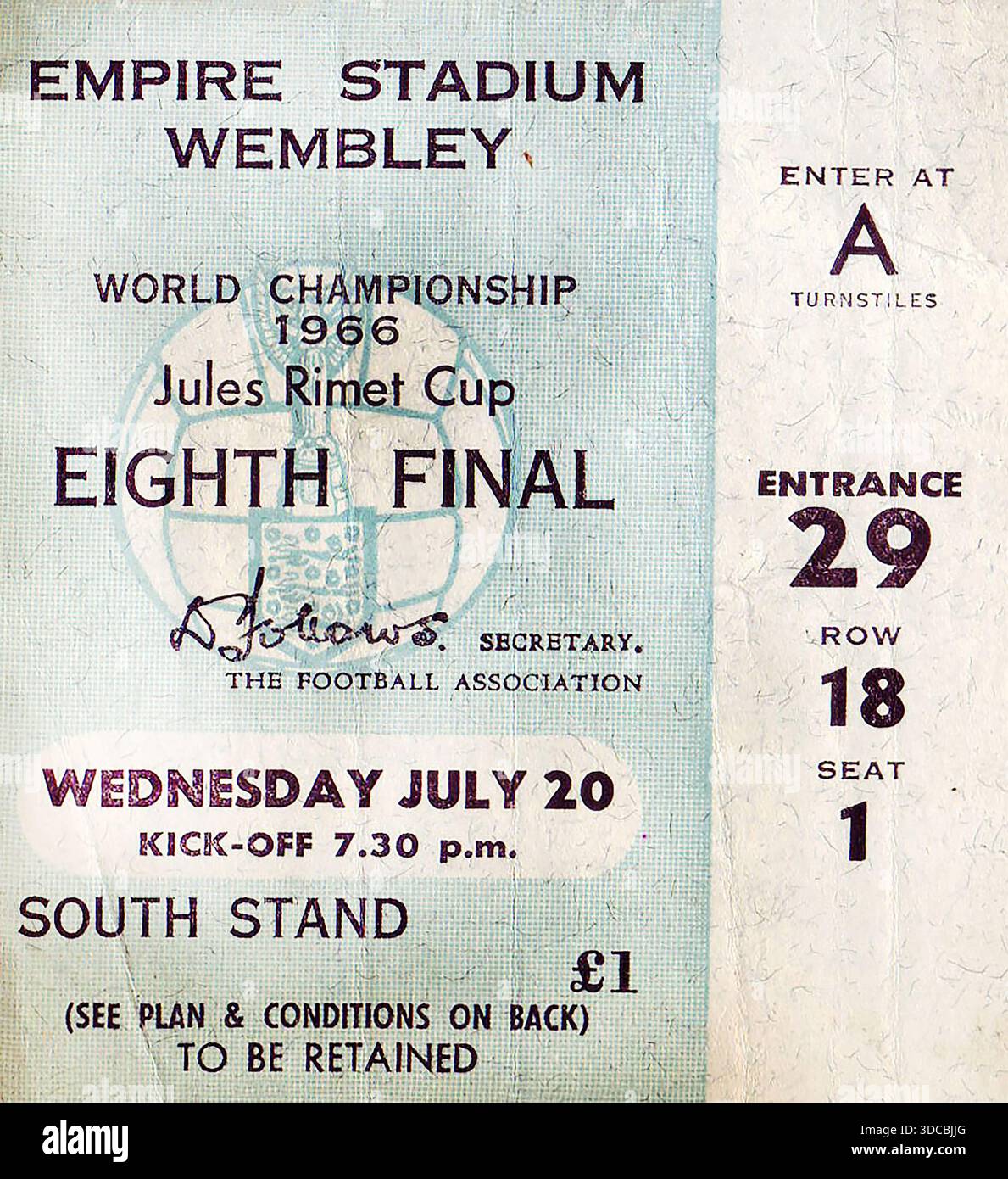 Un billet livre sterling pour le match de Coupe du monde du Groupe 1 1966 Angleterre contre France le 20 juillet 1966 au stade de Wembley, Londres Banque D'Images