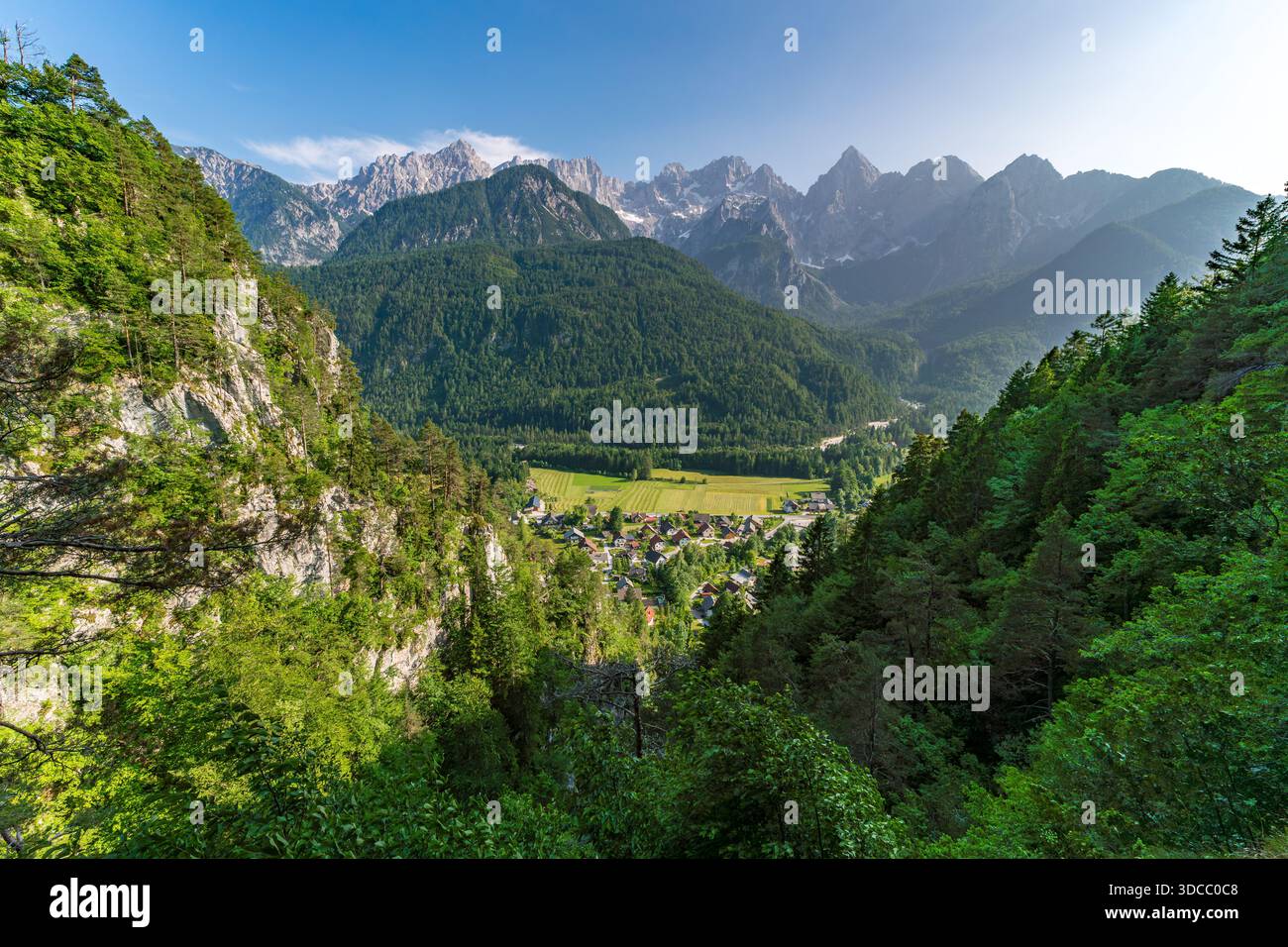 Une vue aérienne à couper le souffle capture l'essence sereine mais accidentée de Martuljek gorge, où les forêts luxuriantes embrassent des sommets imposants sous une douce peau naturelle Banque D'Images