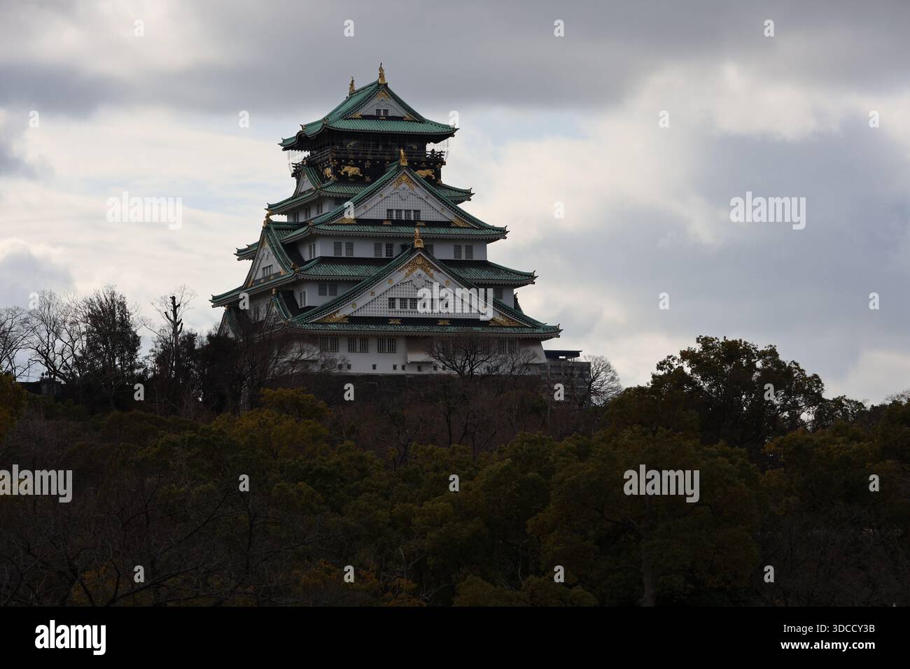 Le majestueux château d'Osaka domine l'étendue sereine du parc du château d'Osaka, invitant les visiteurs à explorer le riche patrimoine du Japon à Osaka, au Japon. Banque D'Images