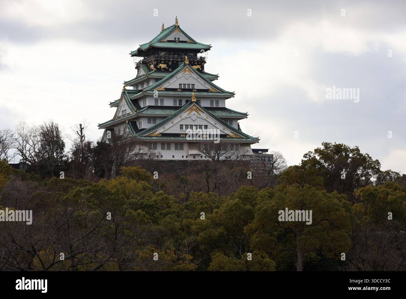 Le majestueux château d'Osaka domine l'étendue sereine du parc du château d'Osaka, invitant les visiteurs à explorer le riche patrimoine du Japon à Osaka, au Japon. Banque D'Images