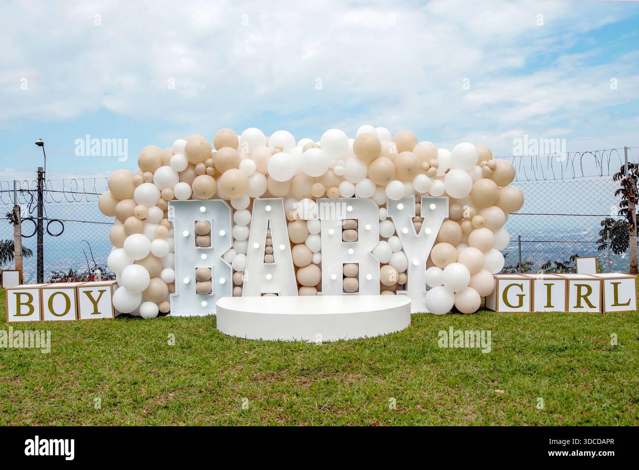Baby Gender Reveal décoration avec ballons, Boy or Girl Party Setup à l'extérieur Banque D'Images