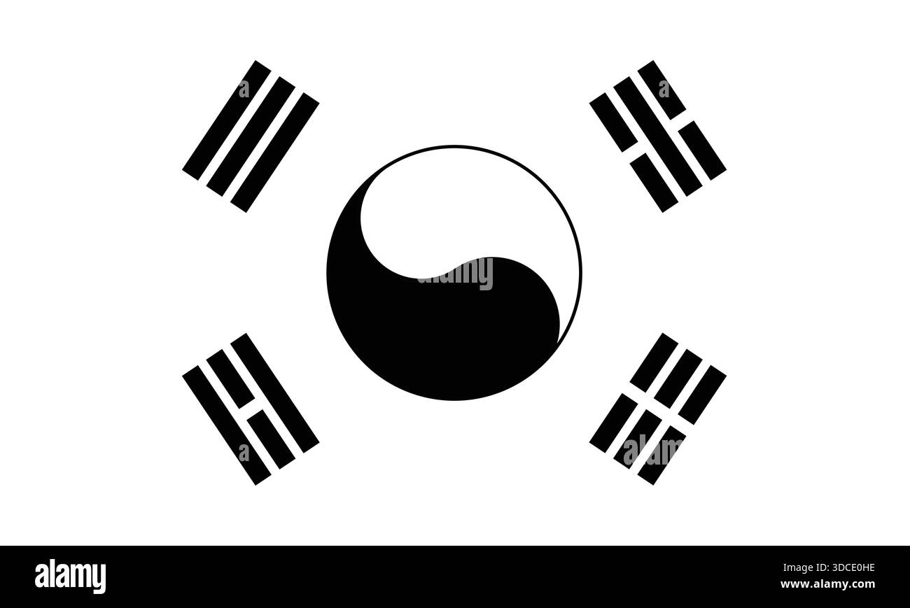 Drapeau national de la Corée du Sud, avec le symbole central Taegeuk et quatre trigrammes noirs sur fond blanc Illustration de Vecteur