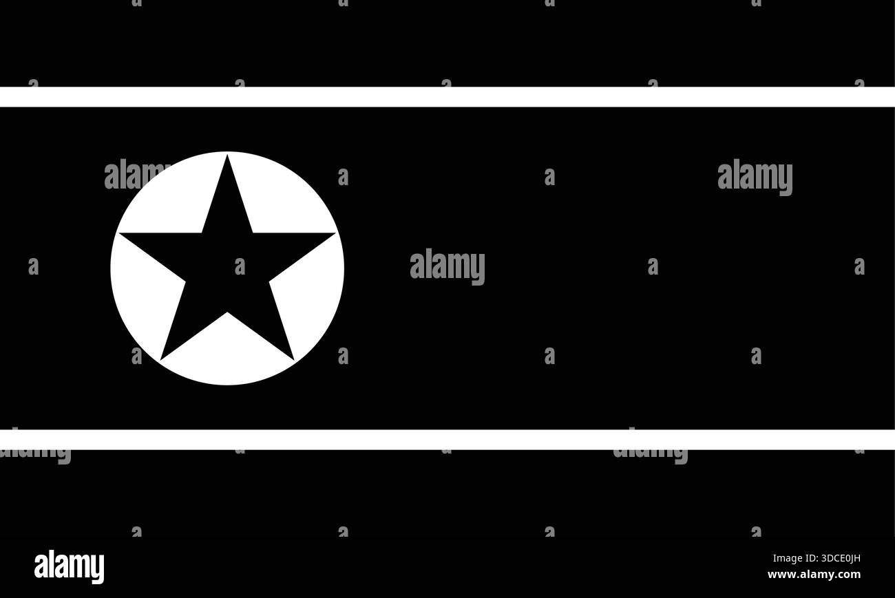 Motif graphique audacieux avec un drapeau noir avec un emblème circulaire blanc proéminent contenant une étoile noire, accentué par de fines rayures horizontales blanches Illustration de Vecteur