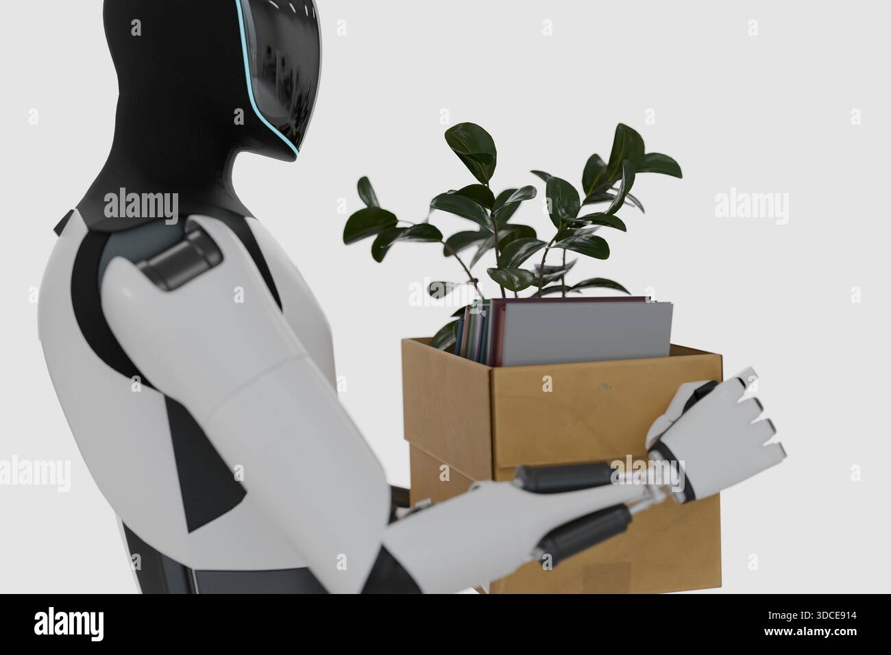 Vue latérale d'un robot humanoïde tenant une boîte en carton avec une plante verte et des livres à l'intérieur. Robot humanoïde futuriste tenant une boîte avec une plante dans un Banque D'Images