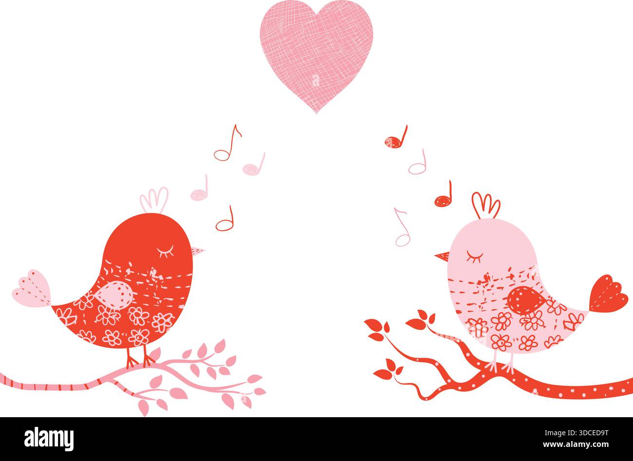 Carte de voeux vecteur mignon avec des oiseaux doux dans des couleurs roses et rouges sur des branches d'arbre pour la Saint-Valentin, invitations de mariage et cartes de voeux Illustration de Vecteur