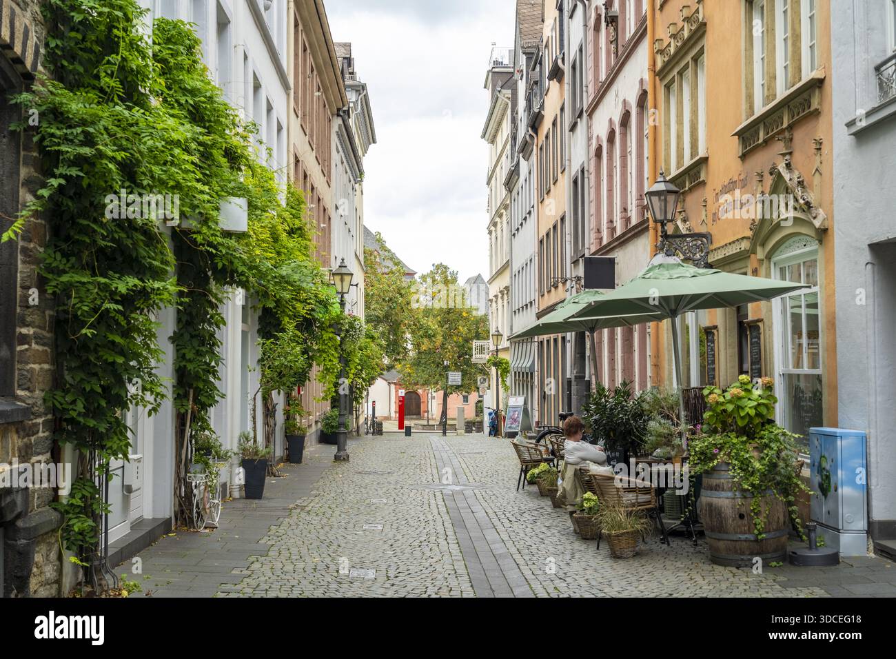 Coblence, Allemagne - 16 septembre 2025 : vue sur une rue pavée pittoresque bordée de bâtiments vibrants et de verdure luxuriante, invitant à une promenade paisible Banque D'Images