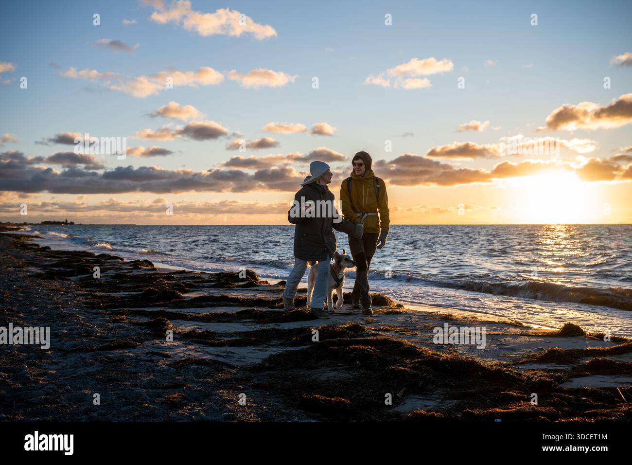 Couple marchant avec un chien le long de la plage de la mer Baltique au coucher du soleil Banque D'Images