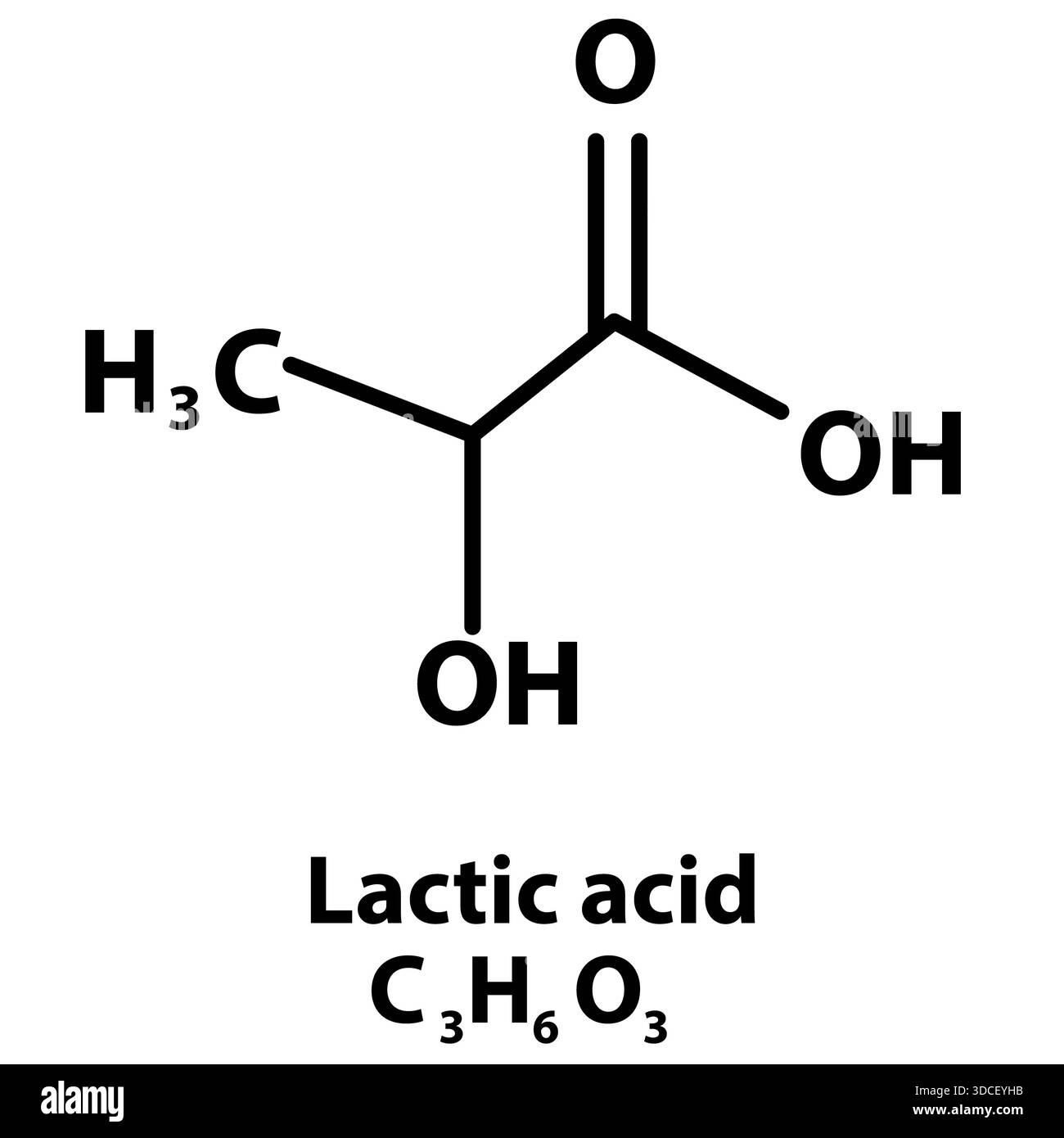 Structure moléculaire d'acide lactique. Formule chimique squelettique d'acide lactique. modèle d'icône de structure chimique. style plat. Banque D'Images