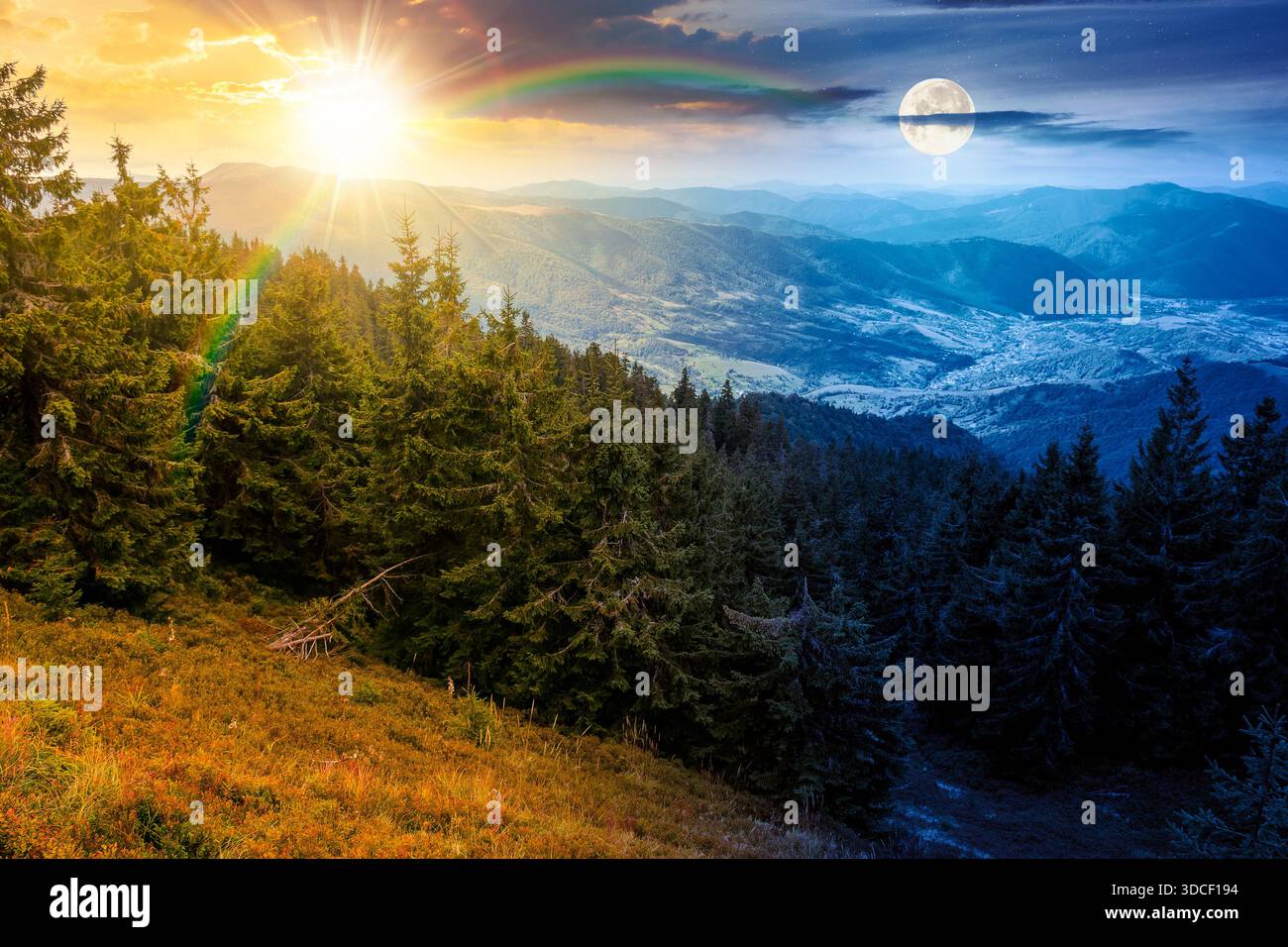 forêt de conifères dans le paysage de montagne. concept de changement de jour et de nuit. endroit pittoresque dans le parc national avec soleil et lune. vue panoramique sur la vallée Banque D'Images