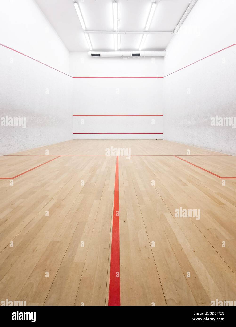 Court de squash intérieur avec parquet et murs blancs. Composition symétrique - vue en perspective grand angle d'un court de squash bien éclairé avec marquage rouge Banque D'Images