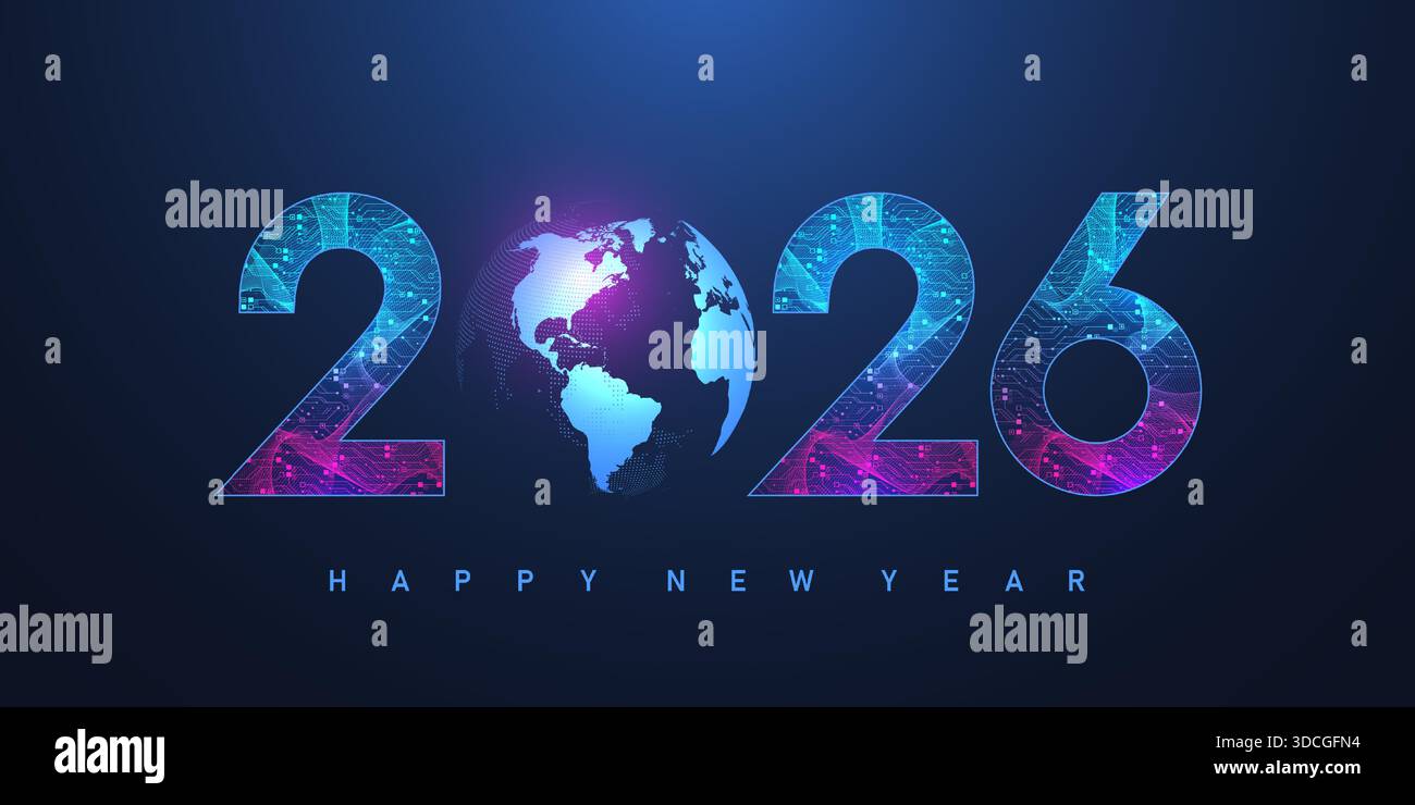 Modèle d'affiche de Noël 2026 dans le style de la texture de la carte de circuit imprimé de technologie électronique de nouveaux chiffres. Bannière ou en-tête numérique Tech 2026 nouvel an Illustration de Vecteur