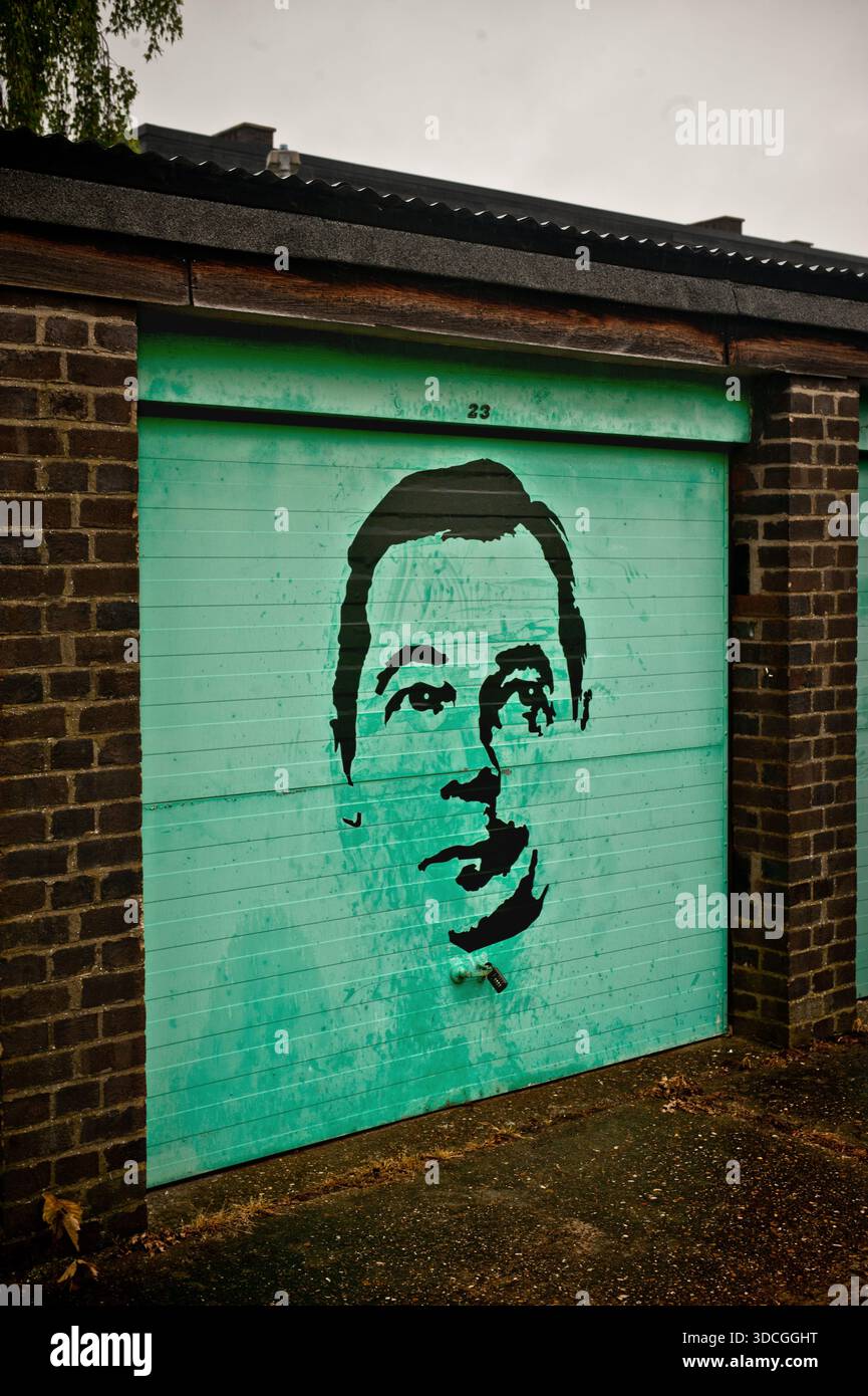Une rangée de garages à Cambridge, Royaume-Uni graffinés avec une image de Nigel Farage. Banque D'Images