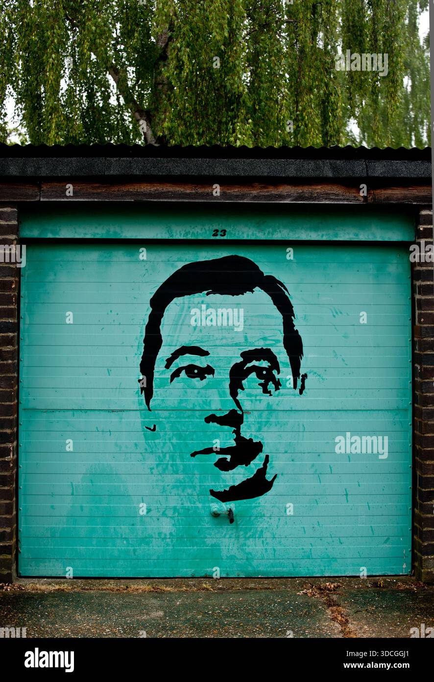 Une rangée de garages à Cambridge, Royaume-Uni graffinés avec une image de Nigel Farage. Banque D'Images