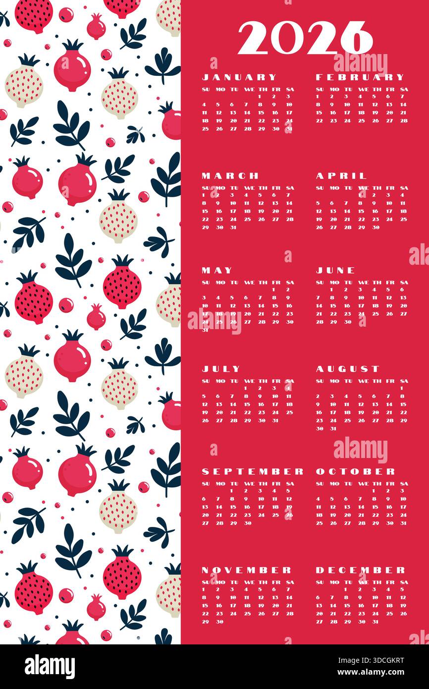 Calendrier vertical 2026 année Planner Pomegranate fruit Pattern Design. Illustration de Vecteur