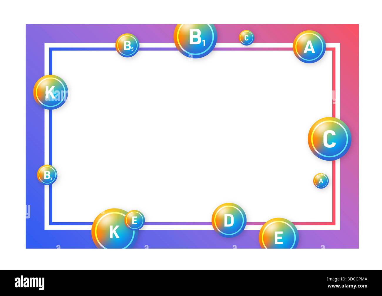 Symboles vitaminiques sur le cadre dégradé. concept vitaminique multicolore et encadré. Vitamines a, b, c, d, e, k dans l'illustration de stock rond Banque D'Images