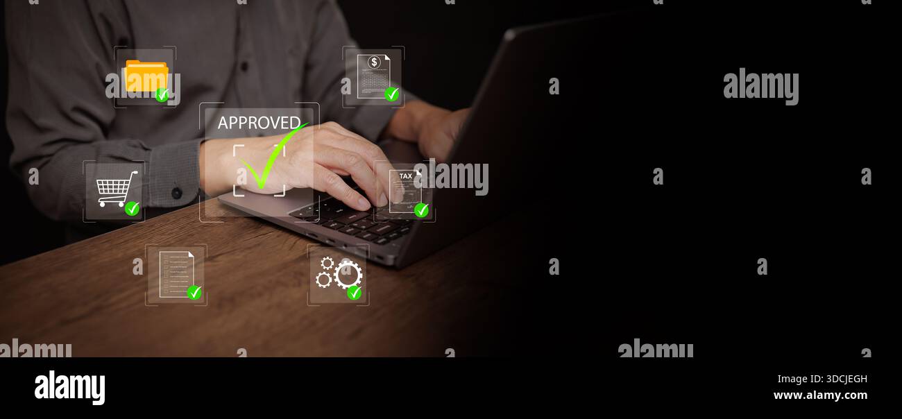 Homme d'affaires approuve un flux de travail d'achat et d'approvisionnement numérique sur un ordinateur portable, avec panier, document, taxe, dossier, et les icônes de processus répresentine Banque D'Images