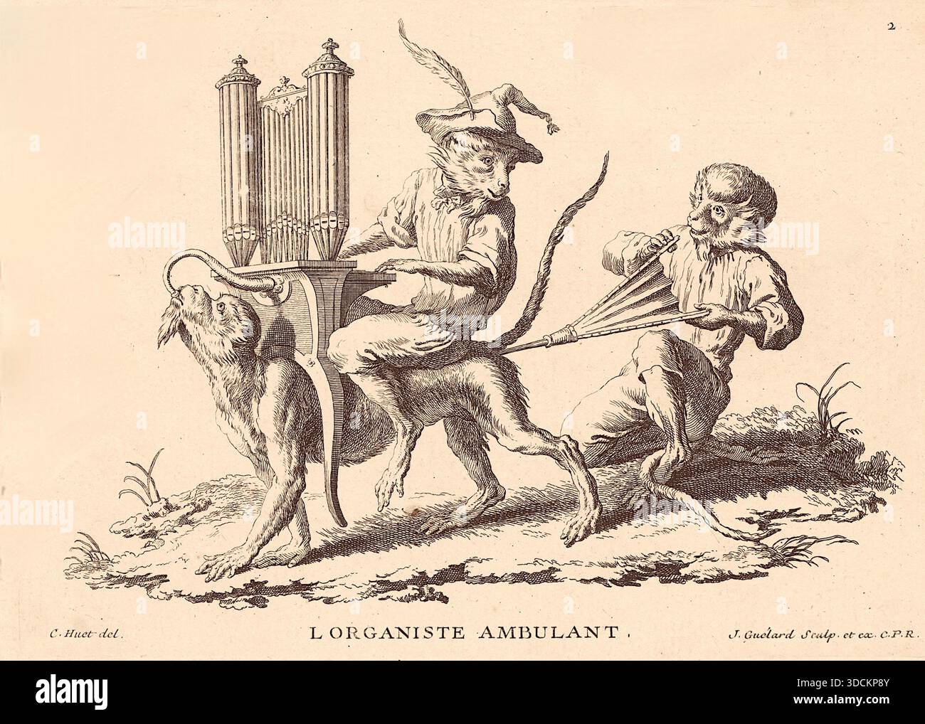 Jean-Baptiste-Antoine Guélard, d'après un dessin de Christophe Huet - c1743 - fait partie d'une série intitulée Singeries, ou différentes actions de la vie humaine représentées par des singes - l'organiste charmant - l'estampe montre deux singes manoeuvrant un orgue à baril, l'un jouant des touches assis sur un chien, et l'autre travaillant le soufflet - planche 2 Banque D'Images