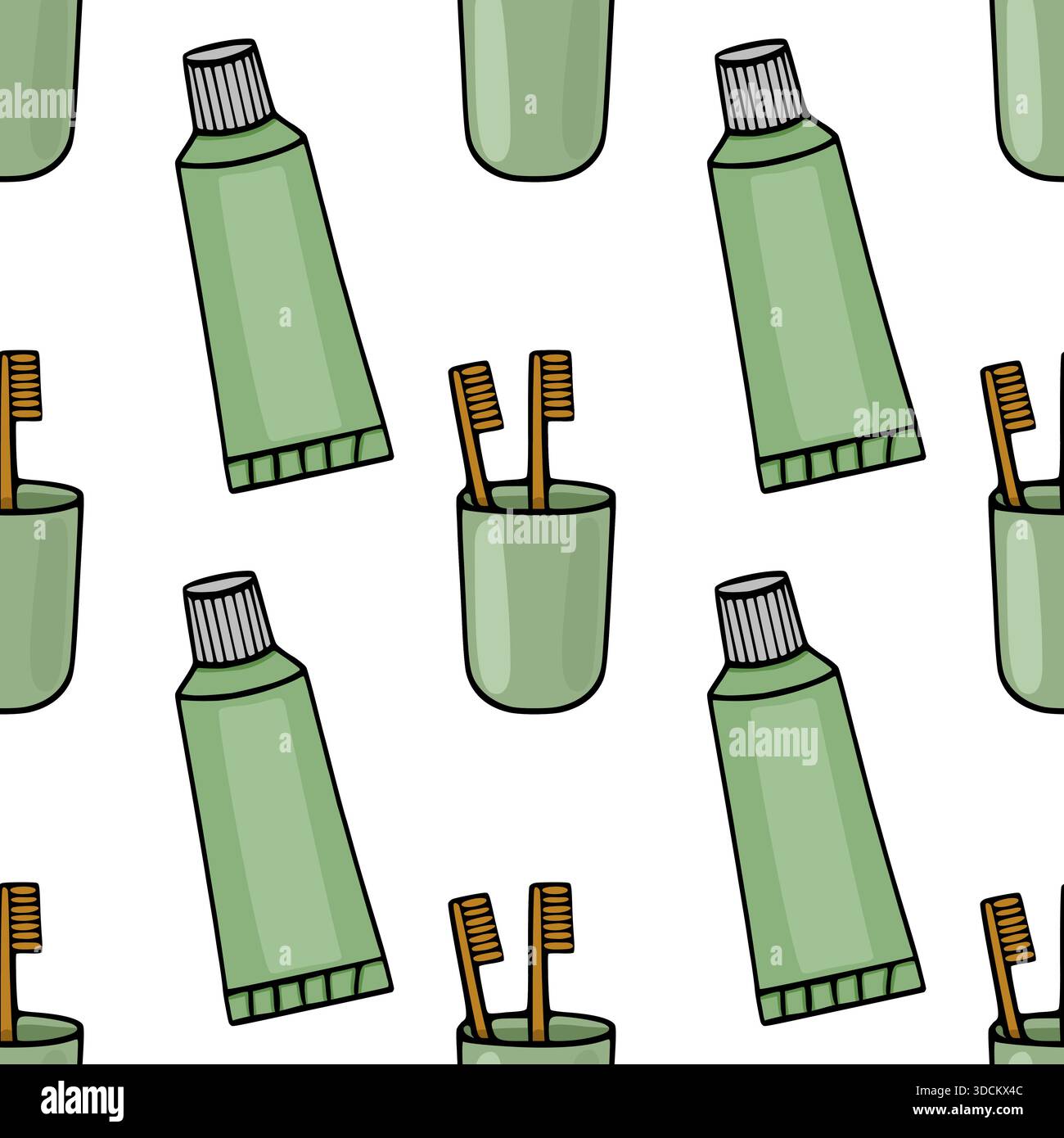 Motif vectoriel sans couture avec des tubes de dentifrice dessinés à la main et des brosses à dents en bambou dans un verre vert pour l'hygiène dentaire et la routine quotidienne de la salle de bain. Illustration de Vecteur