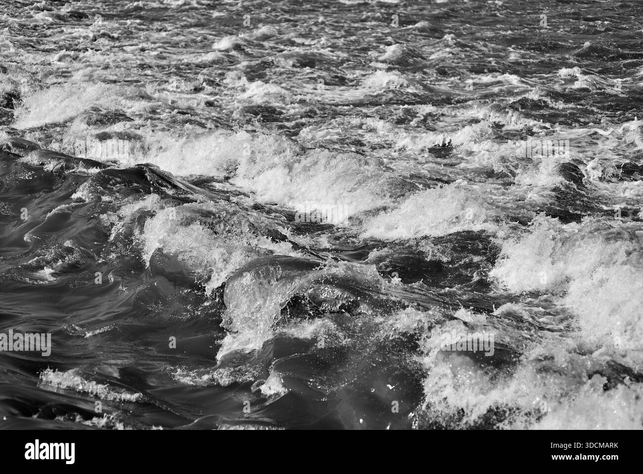 Photo en noir et blanc de vagues océaniques qui s'écrasent. Banque D'Images