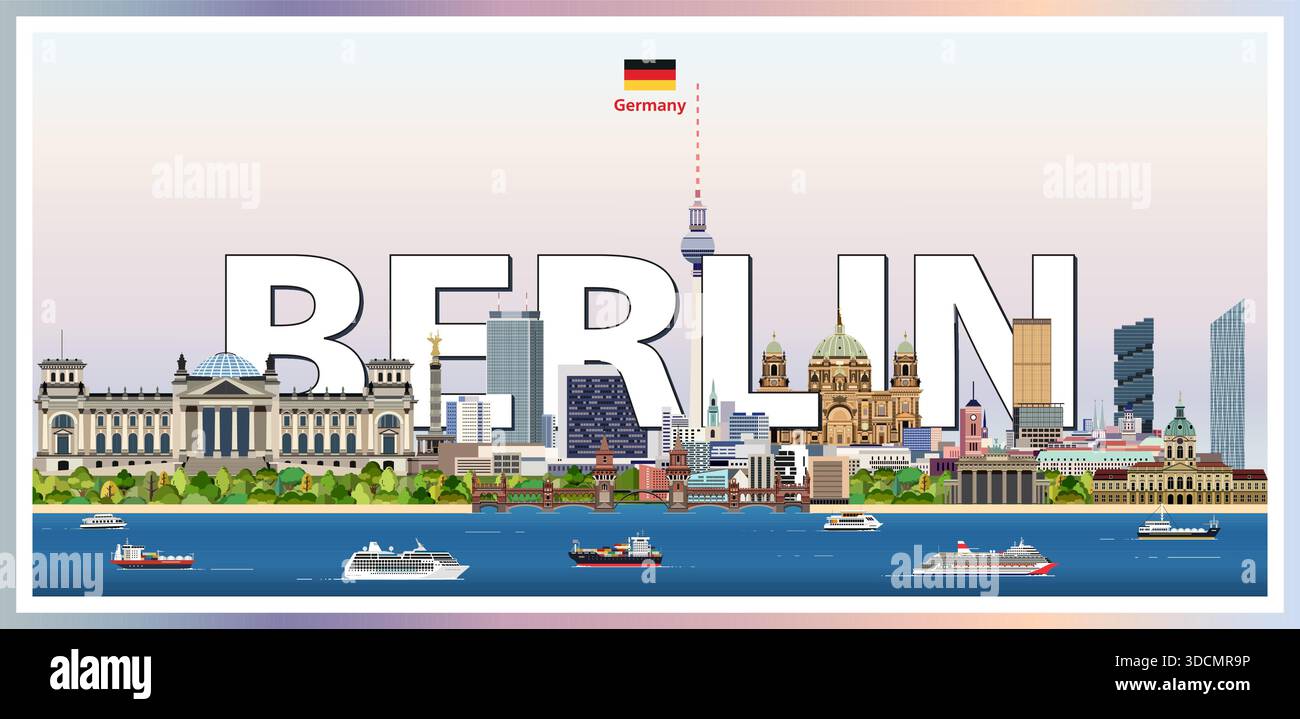 Illustration vectorielle colorée de paysage urbain de Berlin avec le nom de la grande ville sur le fond. Affiche tendance de voyage Illustration de Vecteur