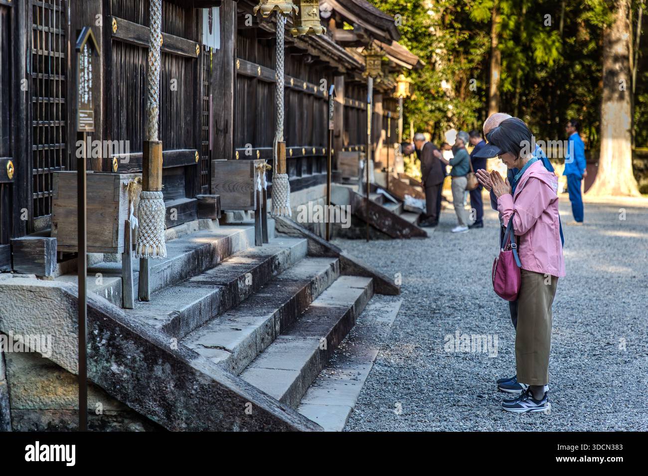 Dans un sanctuaire shintō comme le Kumano Hongū Taisha, les fidèles suivent une séquence prédéfinie : « Ni-rei, Ni-hakushu, I-rei » : s’incliner profondément deux fois en guise de salutation aux kami, claquer des mains deux fois pour purifier l’endroit et invoquer les dieux, offrir une prière silencieuse les mains jointes devant la poitrine, et conclure par une profonde révérence de remerciement. Les pèlerins prient de cette manière au Kumano Hongū Taisha, Tanabe, préfecture de Wakayama, Japon. Banque D'Images