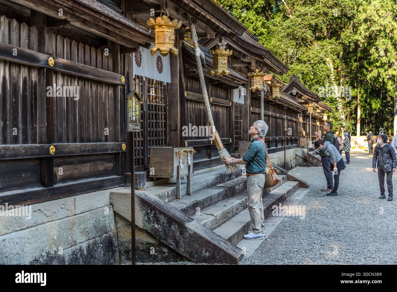 Un homme tire la corde de la cloche devant Kumano Hongū Taisha, Tanabe, préfecture de Wakayama, Japon. Avant la séquence de prière proprement dite, les pèlerins jettent une pièce de cinq yens dans la boîte de dons et sonnent la cloche. Banque D'Images