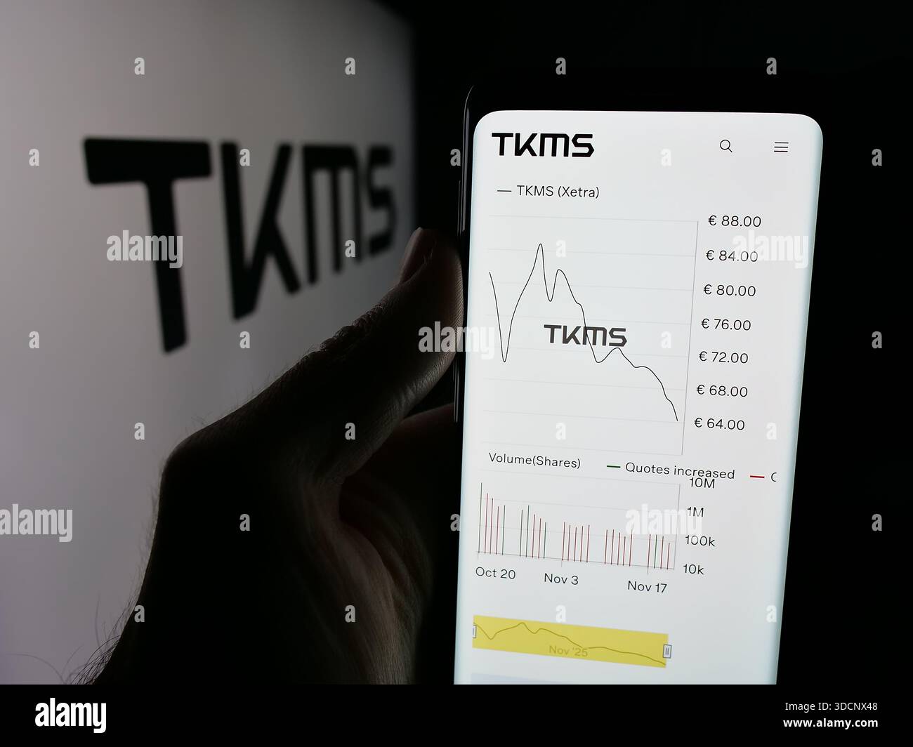 Dans cette illustration photo, une personne tient un smartphone avec la page web de la société ThyssenKrupp Marine Systems (TKMS) sur l'écran devant le logo. (Photo timon Schneider / SOPA images/SIPA USA) *** strictement à des fins éditoriales *** Banque D'Images